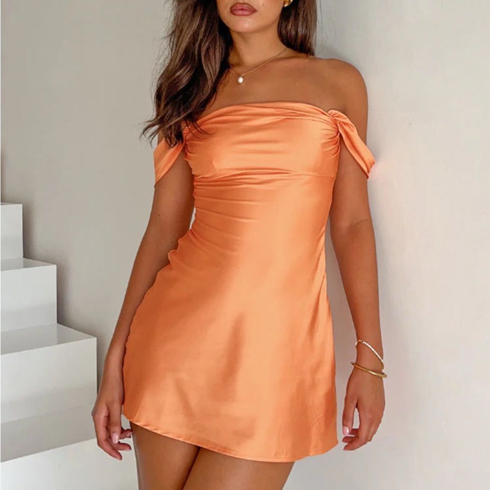 Orange off the shoulder mini dress